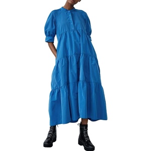 image:imagechouyatou Womens Summer Puff Sleeve Maxi Tiered Babydoll Dress Casual ALine Swing Long Shirt DressLake Blue