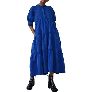 image:imagechouyatou Womens Summer Puff Sleeve Maxi Tiered Babydoll Dress Casual ALine Swing Long Shirt DressRoyal Blue