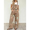 image:imagechouyatou Womens Floral Denim Bib Overalls Wide Leg Barrel Jeans JumpsuitsBrown