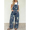 image:imagechouyatou Womens Floral Denim Bib Overalls Wide Leg Barrel Jeans JumpsuitsDark Blue