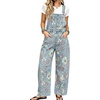 image:imagechouyatou Womens Floral Denim Bib Overalls Wide Leg Barrel Jeans JumpsuitsLight Blue