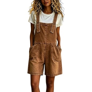 image:imagechouyatou Womens Baggy Denim Bib Overall Shorts Adjustable Strap OverallsBrown