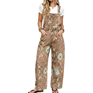 image:imagechouyatou Womens Floral Denim Bib Overalls Wide Leg Barrel Jeans JumpsuitsBrown