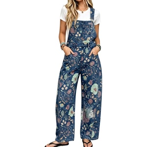 image:imagechouyatou Womens Floral Denim Bib Overalls Wide Leg Barrel Jeans JumpsuitsDark Blue