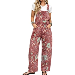 image:imagechouyatou Womens Floral Denim Bib Overalls Wide Leg Barrel Jeans JumpsuitsRed
