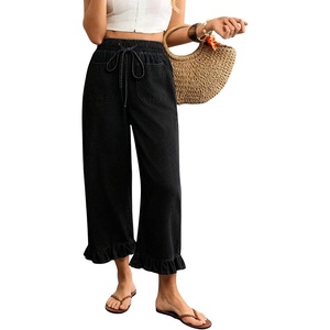 image:imagechouyatou Womens Ruffle Hem Capri Jeans Baggy Wide Leg Denim Palazzo PantsBlack