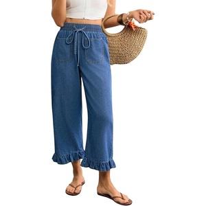 image:imagechouyatou Womens Ruffle Hem Capri Jeans Baggy Wide Leg Denim Palazzo PantsBlue