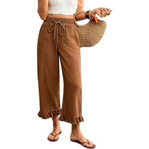 image:imagechouyatou Womens Ruffle Hem Capri Jeans Baggy Wide Leg Denim Palazzo PantsBrown