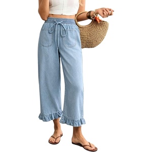 image:imagechouyatou Womens Ruffle Hem Capri Jeans Baggy Wide Leg Denim Palazzo PantsLight Blue