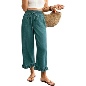 image:imagechouyatou Womens Ruffle Hem Capri Jeans Baggy Wide Leg Denim Palazzo PantsRetro Blue
