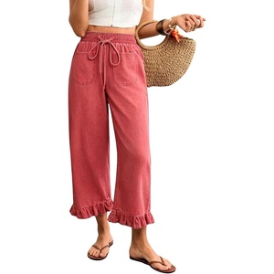 image:imagechouyatou Womens Ruffle Hem Capri Jeans Baggy Wide Leg Denim Palazzo PantsWatermelon Red
