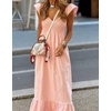 image:imagechouyatou Womens Summer Boho Cap Sleeve Smocked Sun Dress Casual VNeck Flounce Maxi Long Beach DressPink