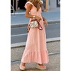 image:imagechouyatou Womens Summer Boho Cap Sleeve Smocked Sun Dress Casual VNeck Flounce Maxi Long Beach DressPink