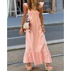 image:imagechouyatou Womens Summer Boho Cap Sleeve Smocked Sun Dress Casual VNeck Flounce Maxi Long Beach DressPink