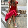 image:imagechouyatou Womens Summer Boho Cap Sleeve Smocked Sun Dress Casual VNeck Flounce Maxi Long Beach DressRed