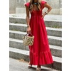 image:imagechouyatou Womens Summer Boho Cap Sleeve Smocked Sun Dress Casual VNeck Flounce Maxi Long Beach DressRed