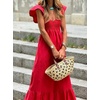 image:imagechouyatou Womens Summer Boho Cap Sleeve Smocked Sun Dress Casual VNeck Flounce Maxi Long Beach DressRed