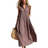 image:imagechouyatou Womens Sleeveless Plaid Cotton Dress Lapel Button Front Gingham Long Shirt Dress with PocketsPink
