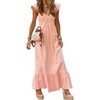image:imagechouyatou Womens Summer Boho Cap Sleeve Smocked Sun Dress Casual VNeck Flounce Maxi Long Beach DressPink