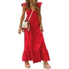 image:imagechouyatou Womens Summer Boho Cap Sleeve Smocked Sun Dress Casual VNeck Flounce Maxi Long Beach DressRed