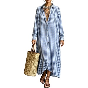image:imagechouyatou Womens Plaid Loose Shirt Dress Long Sleeve Cotton Gingham DressBlue