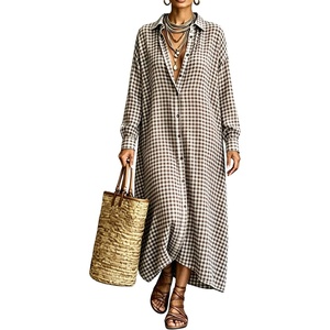 image:imagechouyatou Womens Plaid Loose Shirt Dress Long Sleeve Cotton Gingham DressCoffee