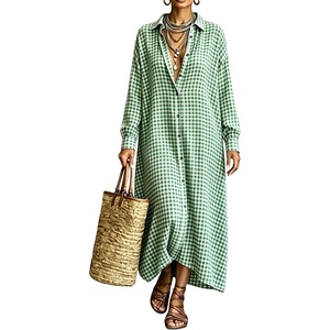 image:imagechouyatou Womens Plaid Loose Shirt Dress Long Sleeve Cotton Gingham DressGreen