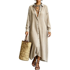 image:imagechouyatou Womens Plaid Loose Shirt Dress Long Sleeve Cotton Gingham DressKhaki