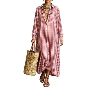 image:imagechouyatou Womens Plaid Loose Shirt Dress Long Sleeve Cotton Gingham DressRed