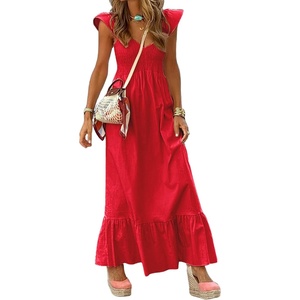 image:imagechouyatou Womens Summer Boho Cap Sleeve Smocked Sun Dress Casual VNeck Flounce Maxi Long Beach DressRed