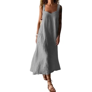 image:imagechouyatou Womens Summer Spaghetti Strap Sleeveless Linen Overall Dress Casual ALine Midi Long Beach DressGrey