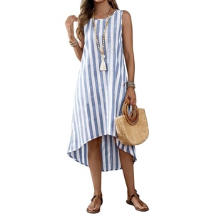 image:imagechouyatou Womens Vertical Striped Midi Long Dress Casual Loose Fit Tank Dress Boho High Low Party Beach SundressBlue