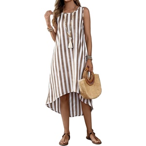 image:imagechouyatou Womens Vertical Striped Midi Long Dress Casual Loose Fit Tank Dress Boho High Low Party Beach SundressCoffee