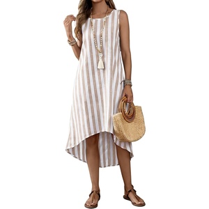 image:imagechouyatou Womens Vertical Striped Midi Long Dress Casual Loose Fit Tank Dress Boho High Low Party Beach SundressKhaki