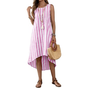 image:imagechouyatou Womens Vertical Striped Midi Long Dress Casual Loose Fit Tank Dress Boho High Low Party Beach SundressPink