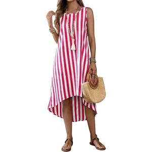 image:imagechouyatou Womens Vertical Striped Midi Long Dress Casual Loose Fit Tank Dress Boho High Low Party Beach SundressRed