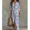 image:imagechouyatou Women Beach Boho Long Sleeve Floral Cotton Linen Shirt DressDark Blue
