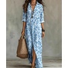 image:imagechouyatou Women Beach Boho Long Sleeve Floral Cotton Linen Shirt DressLight Blue