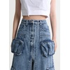 image:imagechouyatou Womens Front Split Cargo Jean Skirt Y2K High Waist Long Denim Skirt Streetwear with PocketsBlue