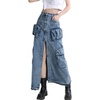 image:imagechouyatou Womens Front Split Cargo Jean Skirt Y2K High Waist Long Denim Skirt Streetwear with PocketsBlue