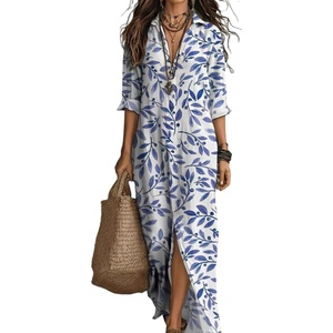 image:imagechouyatou Women Beach Boho Long Sleeve Floral Cotton Linen Shirt DressDark Blue