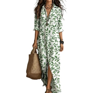 image:imagechouyatou Women Beach Boho Long Sleeve Floral Cotton Linen Shirt DressGreen