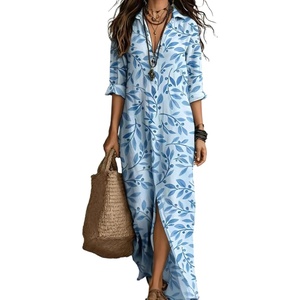 image:imagechouyatou Women Beach Boho Long Sleeve Floral Cotton Linen Shirt DressLight Blue