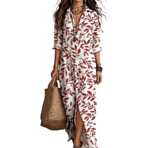 image:imagechouyatou Women Beach Boho Long Sleeve Floral Cotton Linen Shirt DressRed