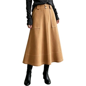 image:imagechouyatou Womens Fall Elegant Ruffle Midi Faux Suede Leather SkirtBrown
