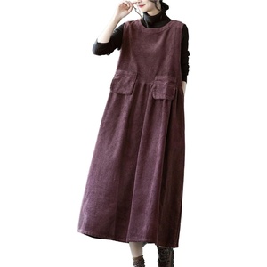 image:imagechouyatou Womens Fall Winter Sleeveless Corduroy Overall Dress Jumper Maxi Babydoll Tank Dress with PocketFuchsia