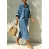 image:imagechouyatou Womens Denim Shirt Dress Button Down Loose Jean Midi Long DressBlue