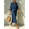 image:imagechouyatou Womens Denim Shirt Dress Button Down Loose Jean Midi Long DressDark Blue