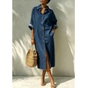 image:imagechouyatou Womens Denim Shirt Dress Button Down Loose Jean Midi Long DressDark Blue