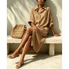 image:imagechouyatou Womens Denim Shirt Dress Button Down Loose Jean Midi Long DressKhaki